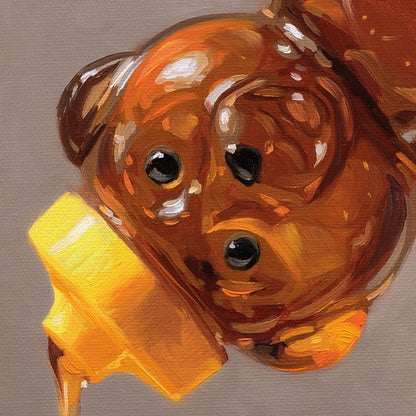 Original oil painting of a glossy honey bear bottle dripping golden honey on a 16x16 canvas with textured brushstrokes.
