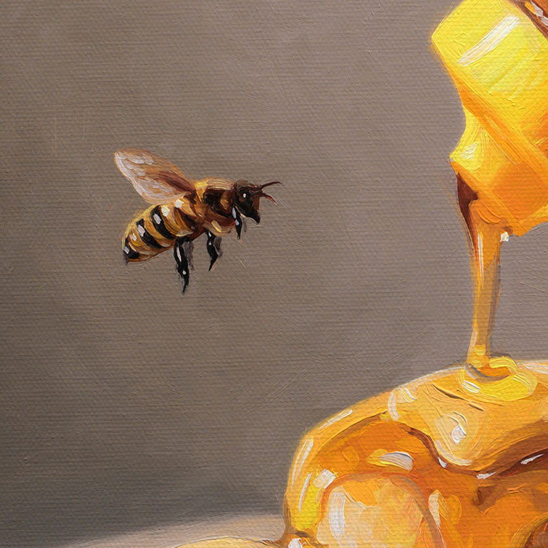 16x16 oil painting of a honey bee hovering near a warm biscuit drenched in golden, dripping honey on a grey background.