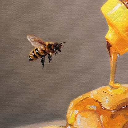 16x16 oil painting of a honey bee hovering near a warm biscuit drenched in golden, dripping honey on a grey background.