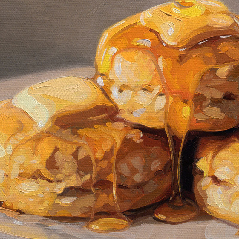 Original oil painting of warm biscuits drizzled with golden honey and butter, featuring a small bee, 16x16 inch canvas.