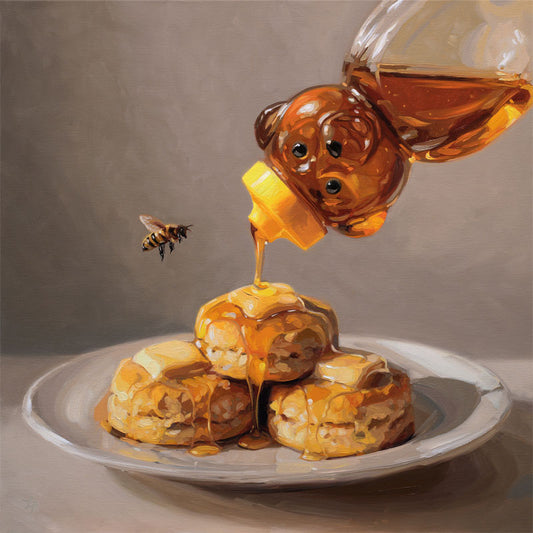 Original oil painting of warm buttered biscuits drizzled with honey from a bear bottle, joined by a curious bee. 16x16.