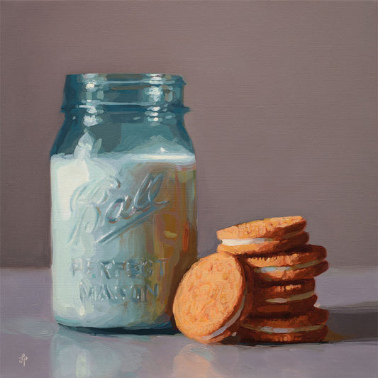 12x12 oil painting on linen of golden sandwich cookies beside a vintage turquoise mason jar filled with milk.