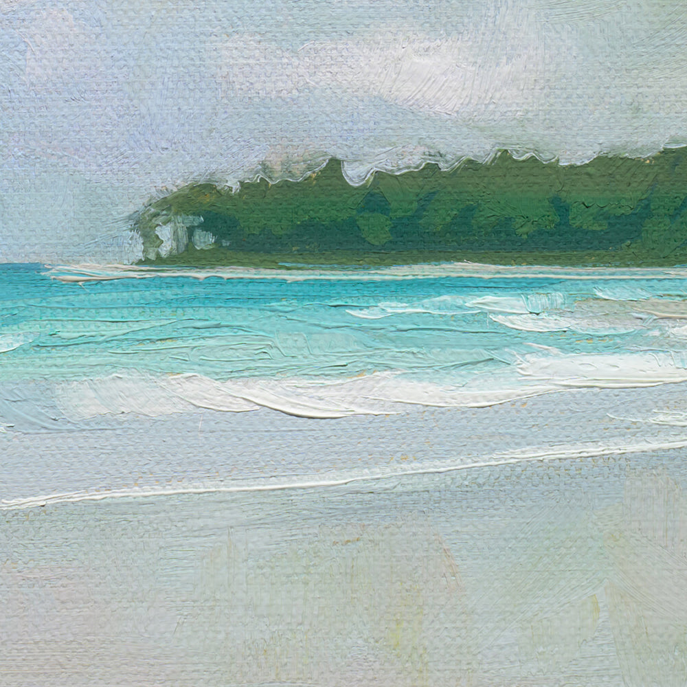 14x11 original oil painting on canvas featuring a textured, impressionistic beach scene with turquoise waves and green trees.