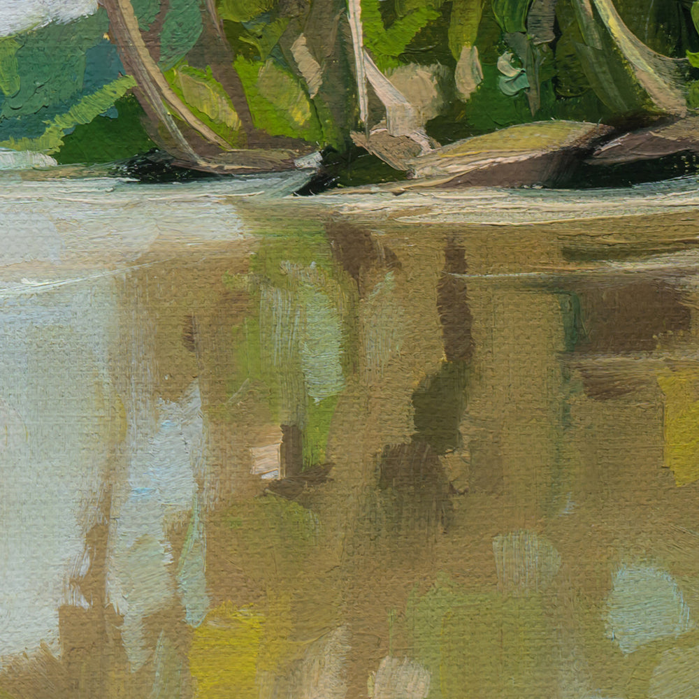 14x11 inch original oil painting on canvas featuring lush green foliage reflecting in calm, earthy-toned water.