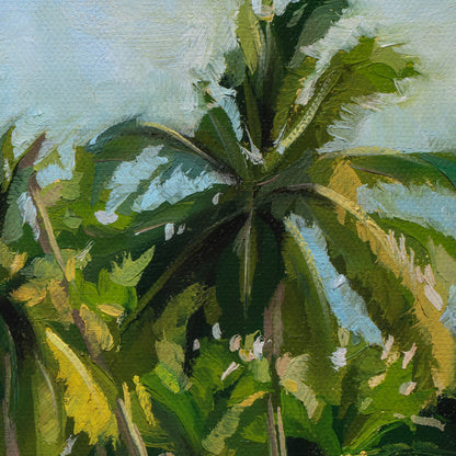 14x11 inch original oil painting on canvas featuring textured green palm leaves and soft blue sky brushstrokes.