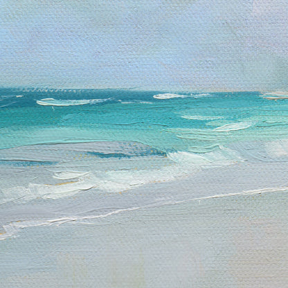 14x11 inch oil painting on canvas featuring textured turquoise ocean waves and a soft sandy beach in an impressionist style.