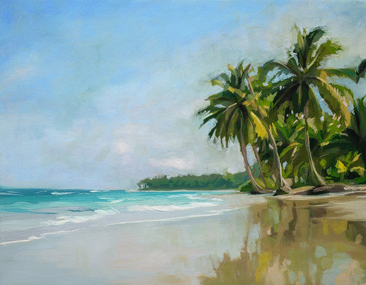 14x11 inch original oil painting on canvas featuring a tropical beach with palm trees reflecting on wet sand.