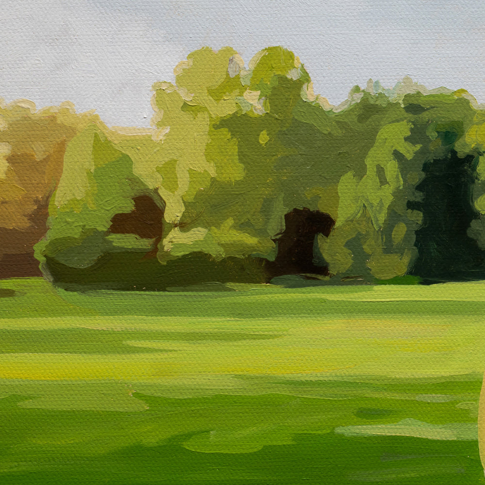14x11 oil painting on canvas featuring a glass pitcher of lemonade in a sunny, lush green summer garden.
