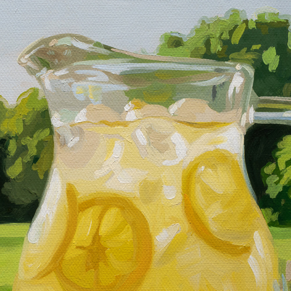 14x11 original oil painting of a glass pitcher filled with lemonade and lemon slices against a lush green summer yard.