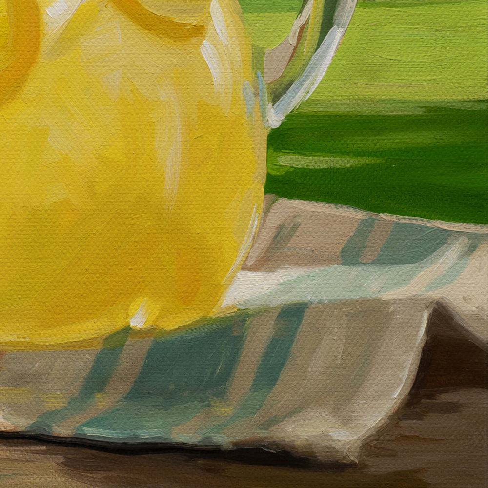 14x11 inch oil painting on canvas featuring a bright yellow lemonade pitcher on a striped cloth against a green yard.