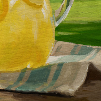 14x11 inch oil painting on canvas featuring a bright yellow lemonade pitcher on a striped cloth against a green yard.
