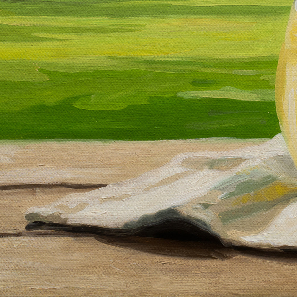 14x11 oil painting on canvas featuring a glass pitcher of lemonade on a wooden table against a lush green yard.