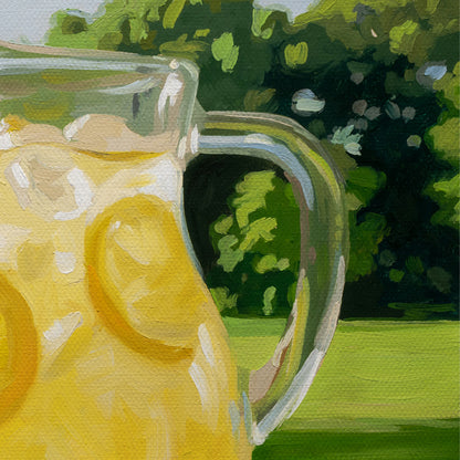 14x11 oil painting of a glass pitcher filled with yellow lemonade against a lush green summer yard.