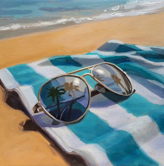 8x8 oil painting of aviator sunglasses on a blue striped beach towel with palm tree reflections and ocean view.