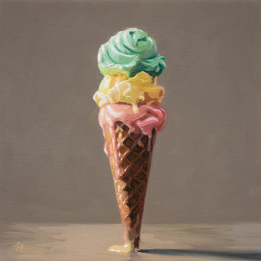 8x8 inch oil painting of a triple-scoop lime, lemon, and strawberry ice cream cone melting on a textured waffle cone.