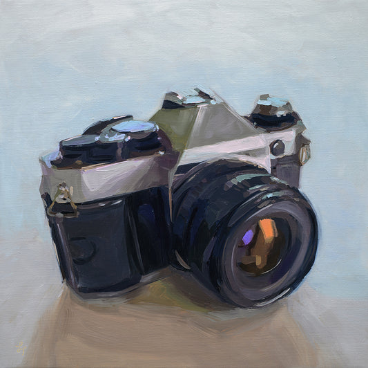 Original 12x12 oil painting on linen featuring a vintage film camera with bold, expressive brushstrokes in cool tones.