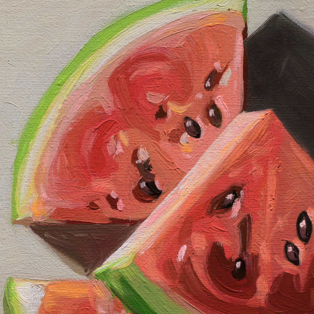8x8 inch oil painting featuring a vibrant stack of watermelon slices with thick, expressive brushstrokes and dark seeds.