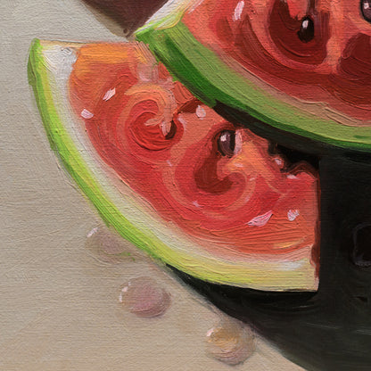 8x8 inch oil painting of a vibrant watermelon stack with thick, expressive brushstrokes in pink, green, and dark seed tones.