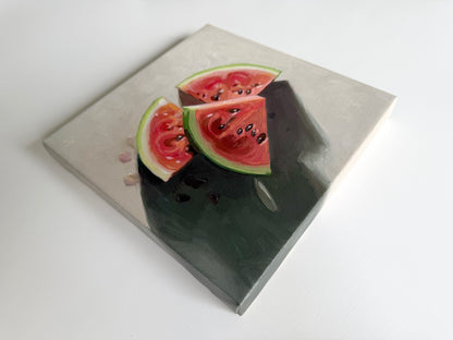 8x8 inch original oil painting of three vibrant watermelon slices with thick, expressive brushstrokes on canvas.