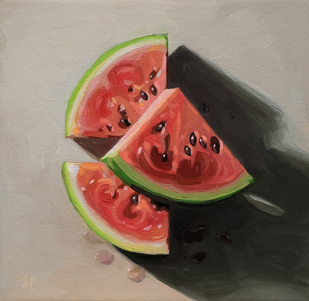 8x8 inch original oil painting of three stacked watermelon slices with thick, expressive brushstrokes and vibrant colors.