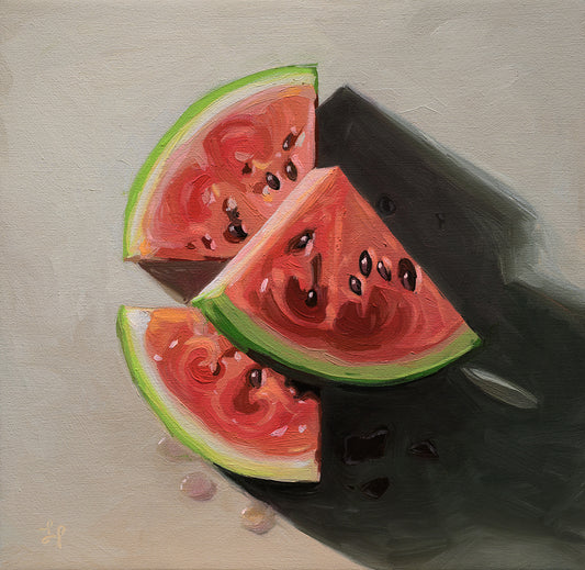 8x8 inch original oil painting of three stacked watermelon slices with thick, expressive brushstrokes and vibrant colors.