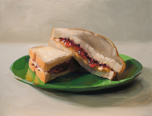 A still life painting of a sandwich cut in half on a green plate, with cream-colored bread and a red jam filling, set against a neutral beige background.