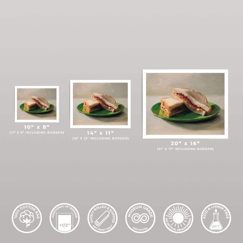 Three sizes of a peanut butter and jelly sandwich art print on a green plate, displayed with archival quality icons.
