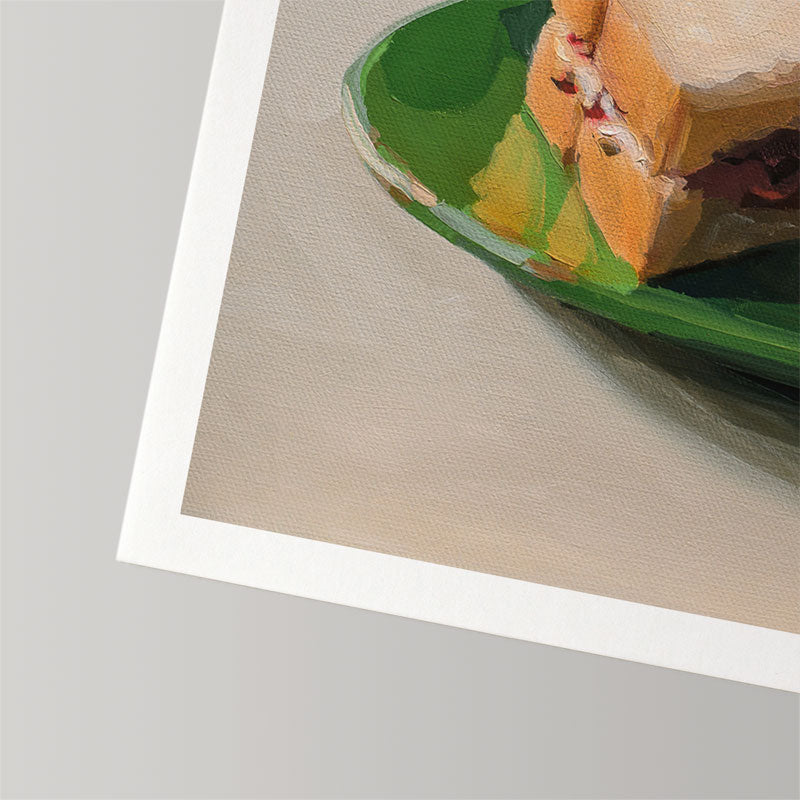 Fine art print of a peanut butter and jelly sandwich on a green plate, featuring a white border on textured cotton paper.