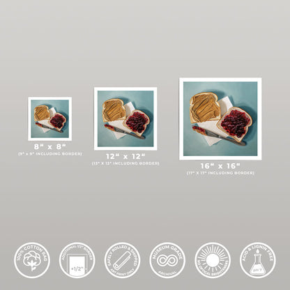 Three sizes of a peanut butter and jelly sandwich art print on cotton rag paper with a half-inch white border and icons.