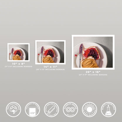 Three sizes of a peanut butter and jelly sandwich art print on cotton rag paper with a half-inch white border.