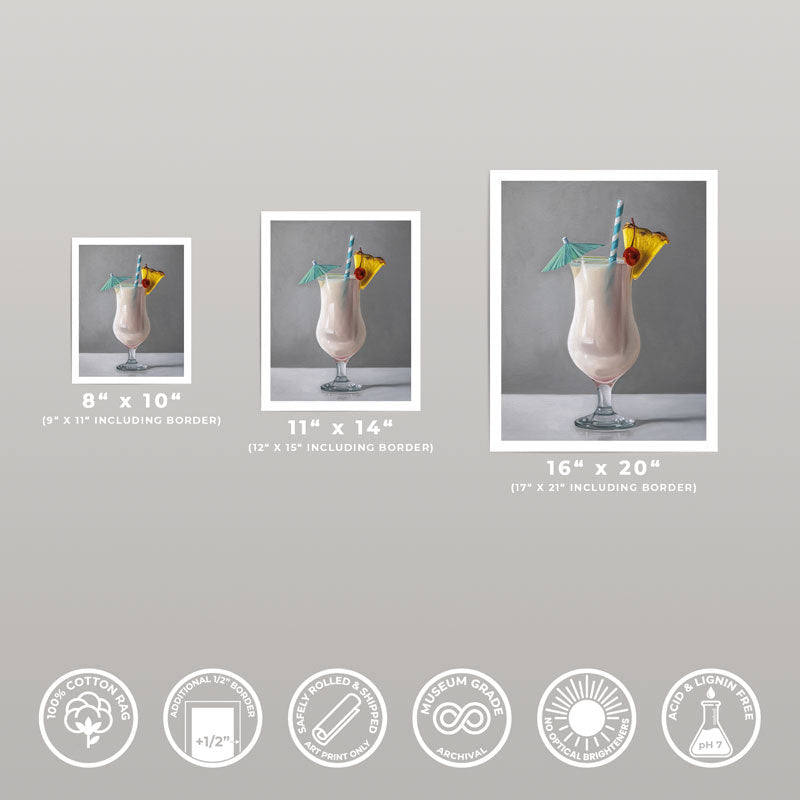 Piña Colada fine art print in three sizes on museum-grade 310gsm cotton rag paper with a half-inch white border.