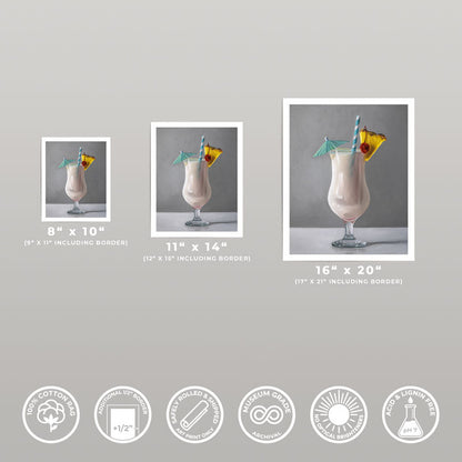 Piña Colada fine art print in three sizes on museum-grade 310gsm cotton rag paper with a half-inch white border.