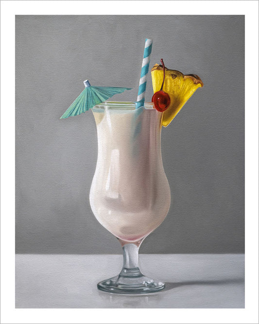 Fine art print of a Piña Colada cocktail with a blue umbrella, striped straw, and pineapple slice on cotton rag paper.