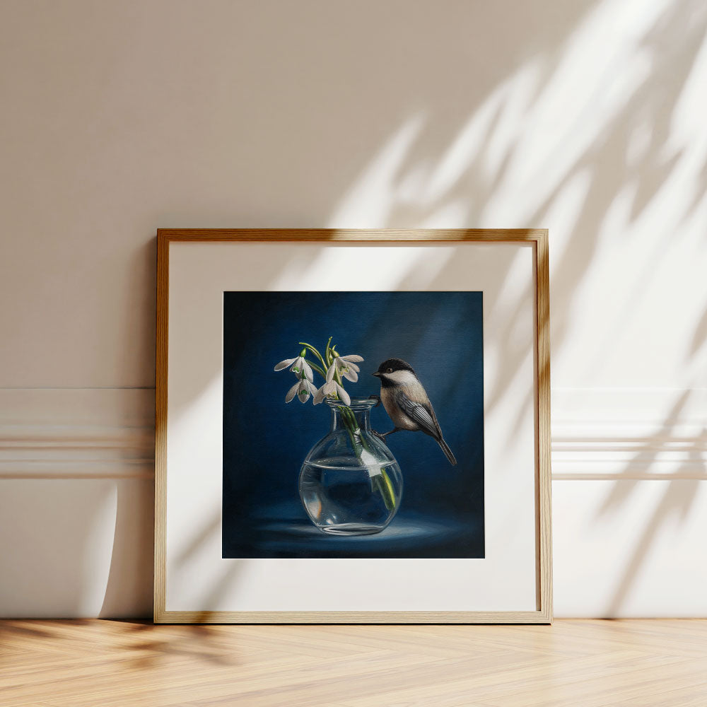 Chickadee & Snowdrop Flowers • Fine Art Print