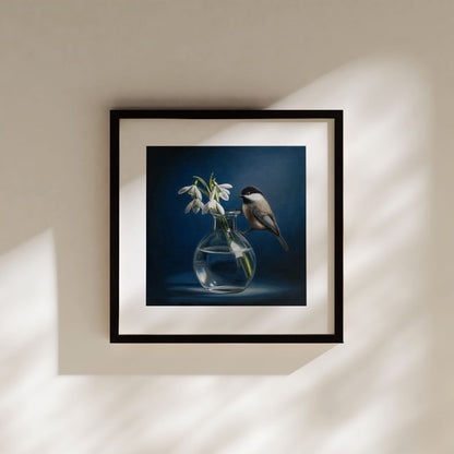 Chickadee & Snowdrop Flowers • Fine Art Print