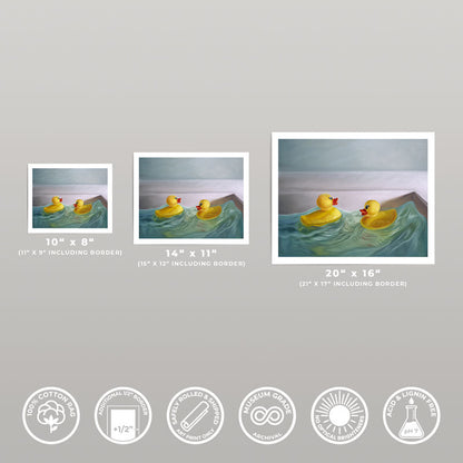 Three sizes of Rubber Ducky Rough Waters art prints on cotton rag paper with white borders and archival quality icons.