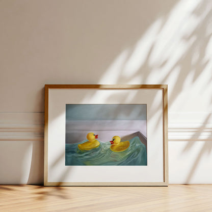 Fine art print of two yellow rubber duckies in rippling water, displayed in a light wood frame on a wooden floor.