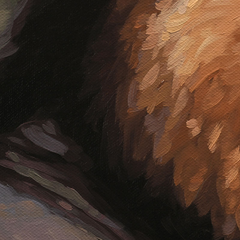 Close-up of an original oil painting on canvas featuring textured, warm golden-brown brushstrokes of a lion's mane against dark shadows.