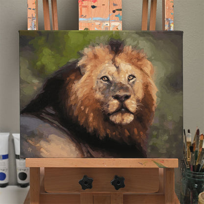 Original 14x11 inch oil painting on canvas featuring a detailed portrait of a male lion with a golden mane against a green background.