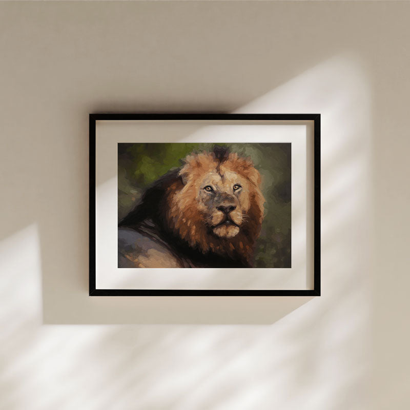 Framed fine art print of a South Shishangeni male lion oil painting with a white mat on a beige wall.