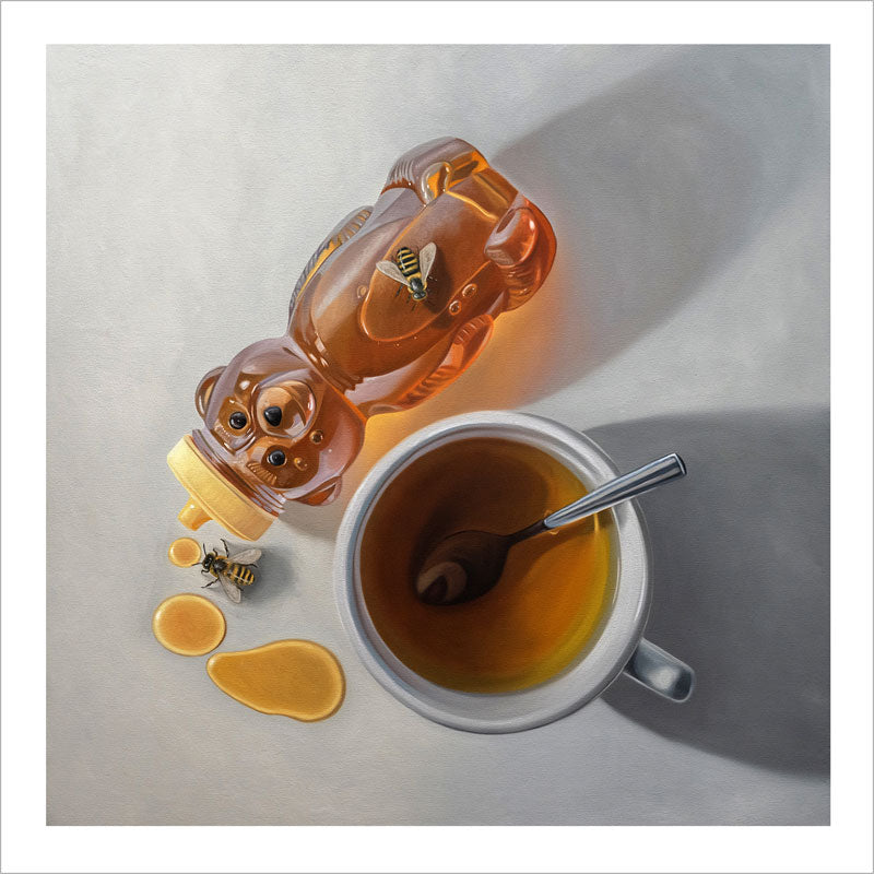 Fine art print of a bear-shaped honey bottle, spilled golden honey, two bees, and a cup of tea on a white background.