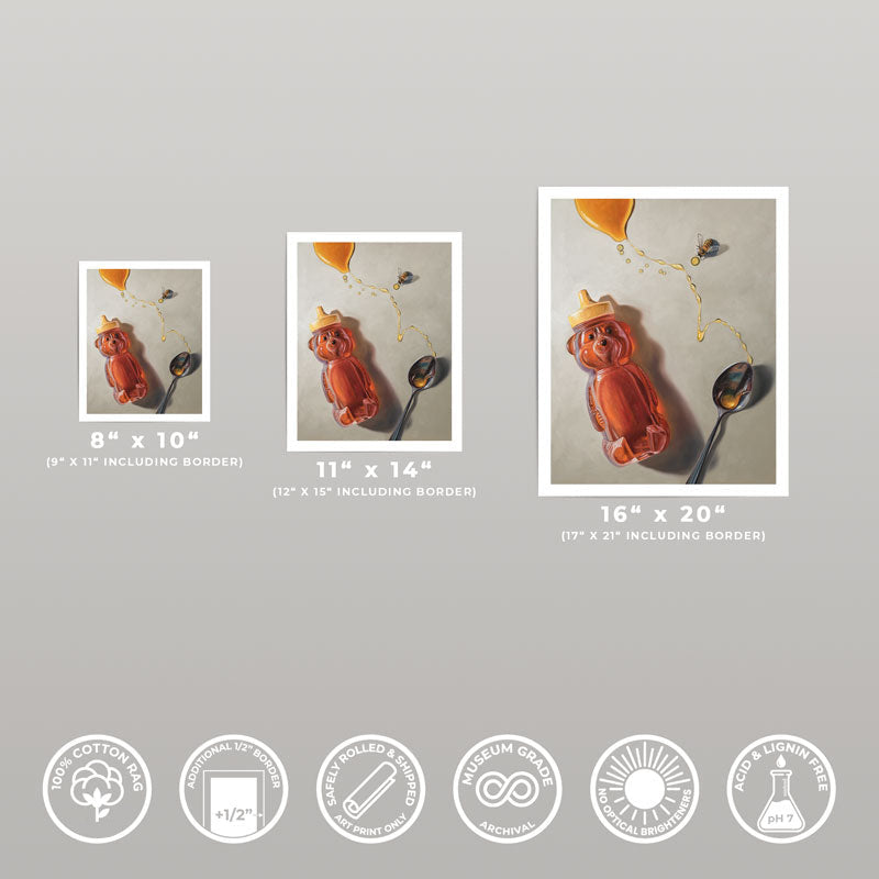Three fine art prints of a bear honey bottle, spoon, and bee, shown in 8x10, 11x14, and 16x20 sizes on archival cotton paper.