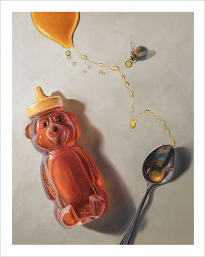 Fine art print of a honey bear bottle, a silver spoon, and a bee with golden honey drips on a neutral background.