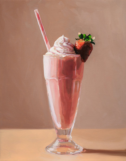 A painted still life of a tall glass milkshake with pink drink, whipped cream, a striped straw, and a strawberry garnish against a warm beige background.