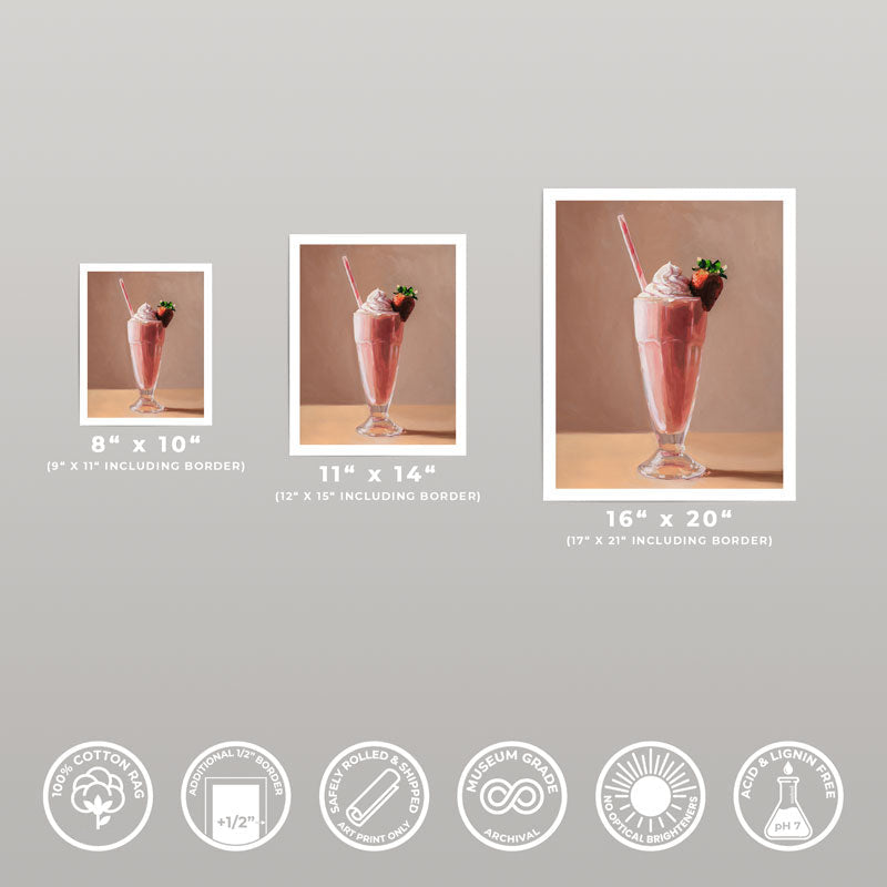 Three sizes of a strawberry milkshake fine art print on museum-grade cotton rag paper with a half-inch white border.