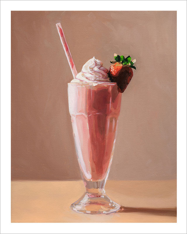 Oil painting of a pink strawberry milkshake with whipped cream, a striped straw, and a fresh strawberry garnish.