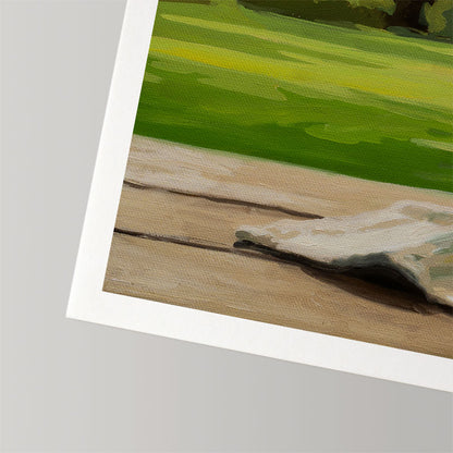 Fine art print on textured cotton rag paper with a white border showing a painted green lawn and wooden deck.