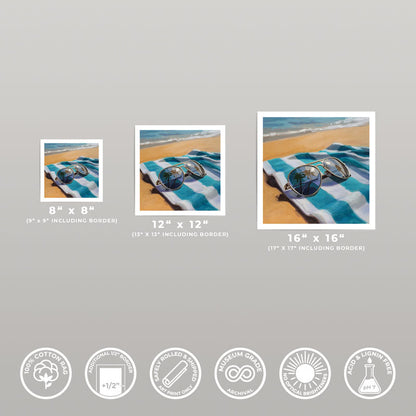 Three fine art prints of sunglasses on a beach towel, shown in 8x8, 12x12, and 16x16 inch sizes with archival quality icons.
