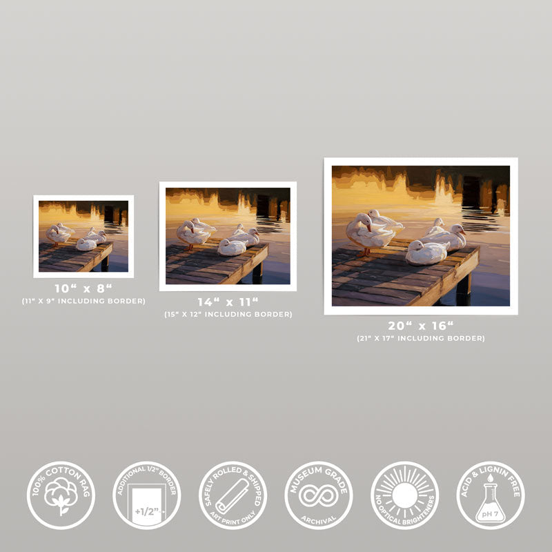 Three sizes of Sunset Dock & Ducks fine art prints on 310gsm cotton rag paper with white borders and quality icons.