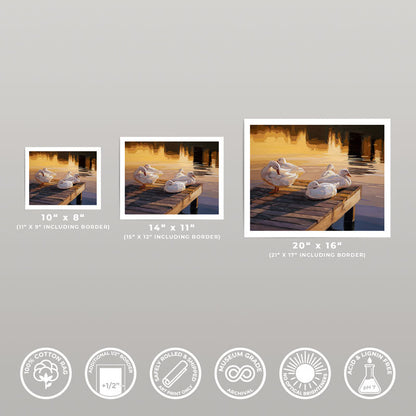 Three sizes of Sunset Dock & Ducks fine art prints on 310gsm cotton rag paper with white borders and quality icons.